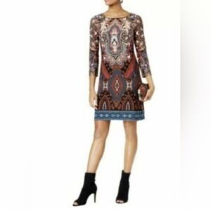 INC International Concepts Brown and Orange Sheath Dress with Long Sleeves
